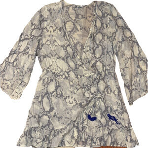 Blue Island MEDIUM Swim Coverup 3/4 Bell Sleeve Tassels Gray Snakeskin Dress